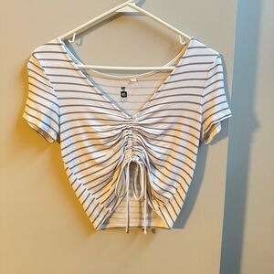 Me to We Black and White Striped Ruched Crop Top